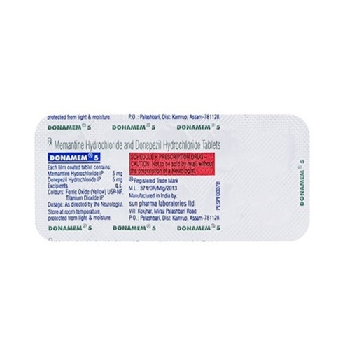Donamem 5mg Memantine and Donepezil Hydrochloride yellow round tablets in silver blister sheet