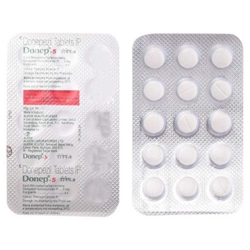 Donep 5 tablets 5mg silver foil blister strip with printed text and round white tablets
