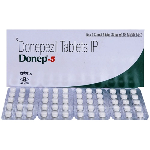 Donep 5 (Donepezil 5mg) Alkem branded carton with multiple blister packs of tablets