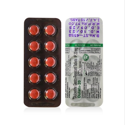 Dulata 20 tablets 20mg silver foil blister strip with printed text and orange tablets