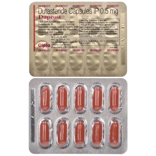 Duprost 0.5mg (Dutasteride) branded carton with golden foil and red capsule blister pack