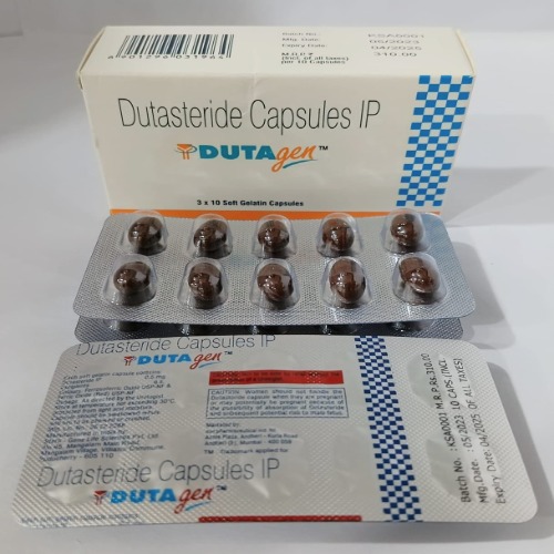 Dutagen 0.5mg box with multiple blister strips arranged, packaging and labels legible