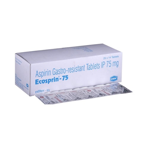Ecosprin-75 350 tablets product box with multiple blister packs displayed