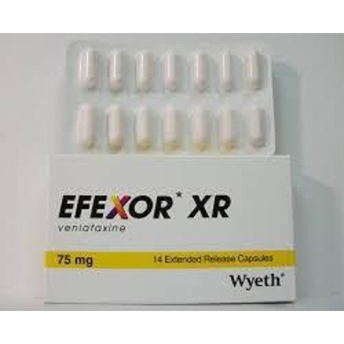 Effexor-XR 75mg (Venlafaxine HCl) blister pack showing 14 white capsules with Wyeth branding