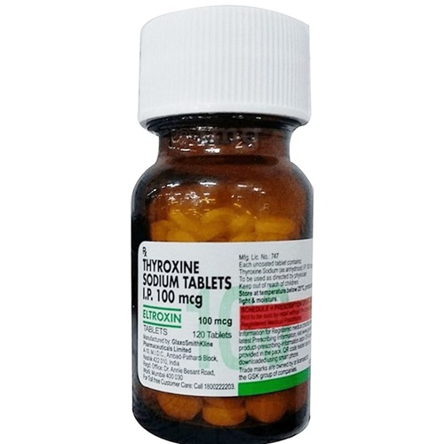 Eltroxin 100mcg tablets in transparent brown bottle showing yellow pills, Levothyroxine Sodium thyroid treatment