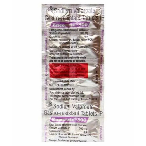 Encorate 300mg tablets silver blister strip with dosage details and printed label