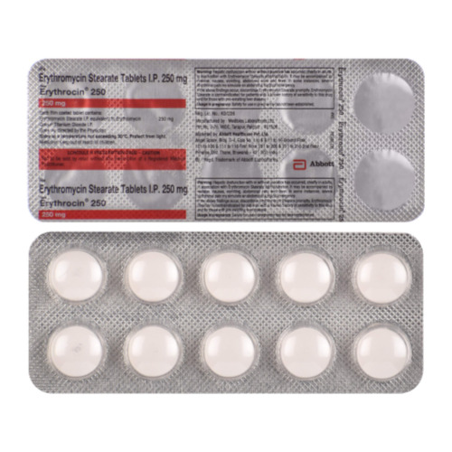 Close-up blister strip of Erythrocin 250 showing dosage details and brand labeling