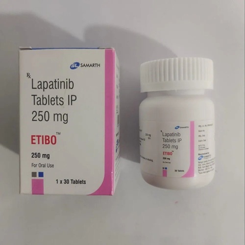 Etibo 250 (Lapatinib) 250mg 30 tablets carton box and pill bottle set display for targeted oncology treatment online pharmacy