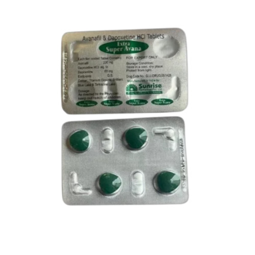 Extra Super Avana strip containing 4 green coated pills for ED and PE management