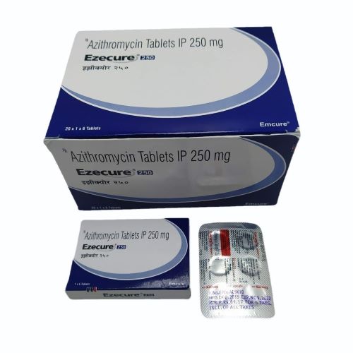 Ezecure 250mg blister strips with outer carton box, angled view