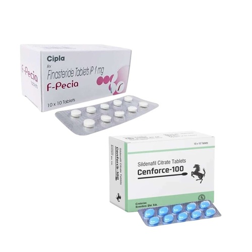 F-pecia 1mg and Cenforce 100mg dual therapy set for hair growth and erectile dysfunction with product boxes and blister packs