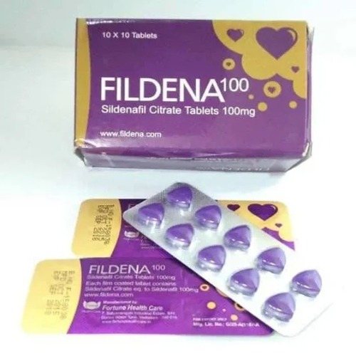 Fildena 100mg box with multiple blister strips displayed, packaging and dosage identifiable