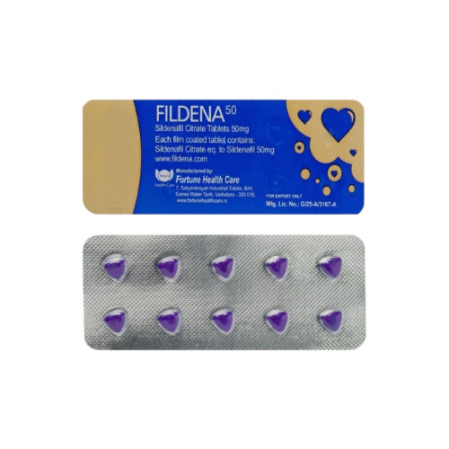 Fildena 50 tablets silver blister pack back side with label