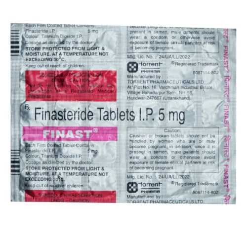 Finast 5mg (Finasteride) branded silver foil blister packs with dosage details