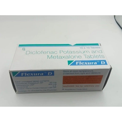 Flexura D tablets packaging different angle, Metaxalone 400mg and Diclofenac Potassium 50mg combination drug