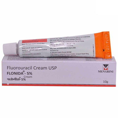 Flonida 5% Cream (Fluorouracil) 10g medicinal tube side view with printed details for actinic keratosis and basal cell carcinoma therapy online pharmacy