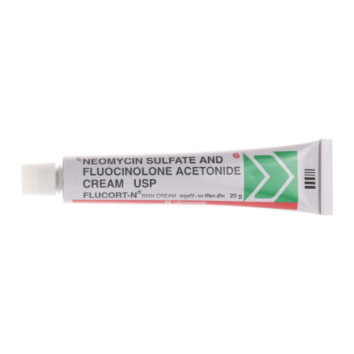 Flucort-N Skin Cream 20gm (Fluocinolone Acetonide + Neomycin) single tube laid flat showing printed label