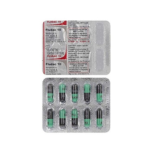 Fludac 10 capsules 10mg silver foil blister strip with printed red text and green-black capsules