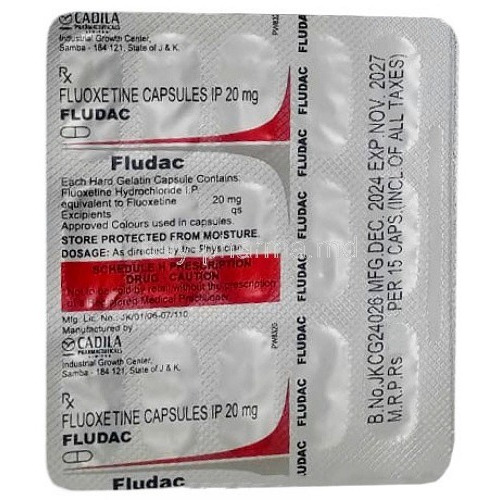 Close-up of Fludac 20mg blister strips showing green and white capsules
