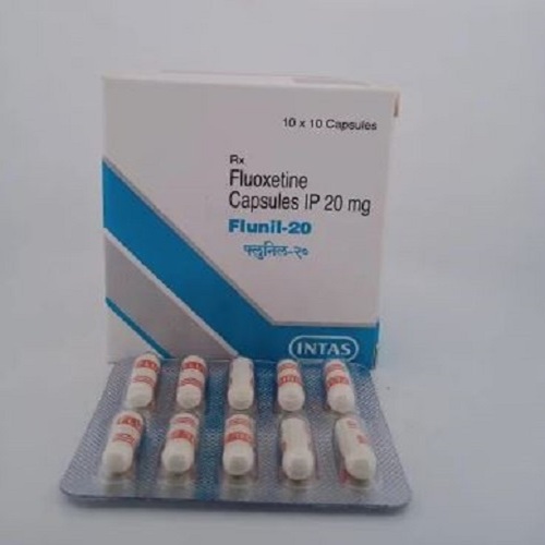 Flunil 20 (Fluoxetine 20mg) Intas carton with multiple blister strips of red and white capsules
