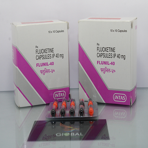 Flunil 40 (Fluoxetine 40mg) Intas branded carton with multiple blister strips of capsules