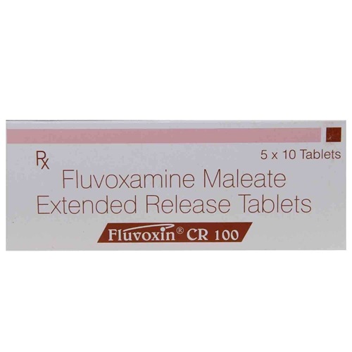 Fluvoxin CR 100 box packaging with 50 tablets fluvoxamine maleate, SSRI antidepressant for OCD, depression, and anxiety disorders, online pharmacy ZarvyPharm