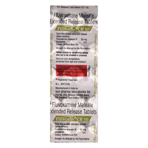 Fluvoxin CR 50 blister strip showing fluvoxamine maleate tablets, psychiatric medication for OCD, generalized anxiety disorder, and PTSD, online pharmacy