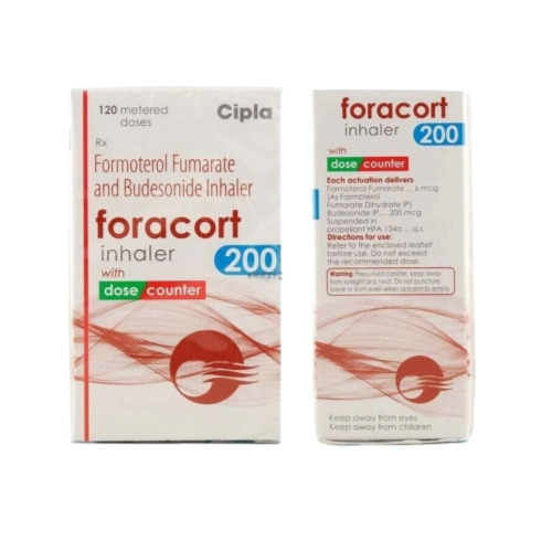 Backside packaging of Foracort 200 inhaler with product composition and usage instructions