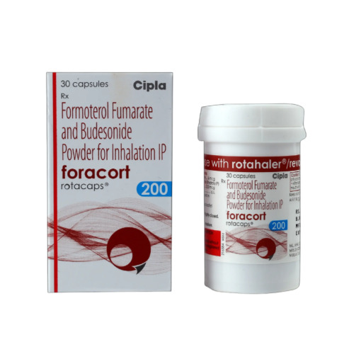 Foracort 200 Rotacaps inhalation powder capsule bottle with outer packaging showing Cipla branding