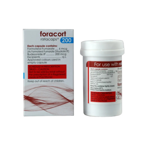 Side view of Foracort 200 Rotacaps container and box with dosage and ingredient details