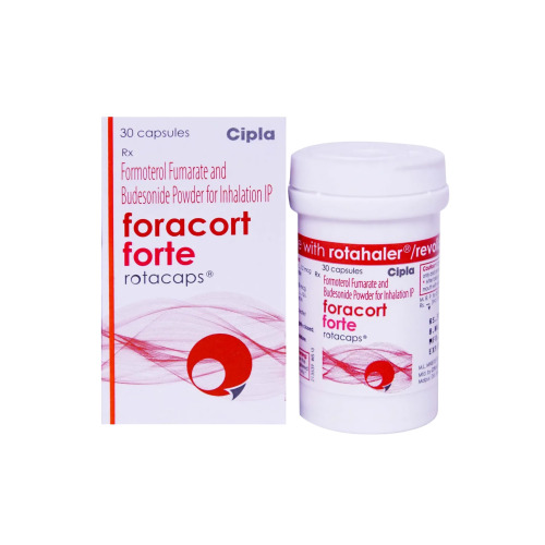 Foracort Forte Rotacaps (Formoterol and Budesonide) box packaging with white plastic container