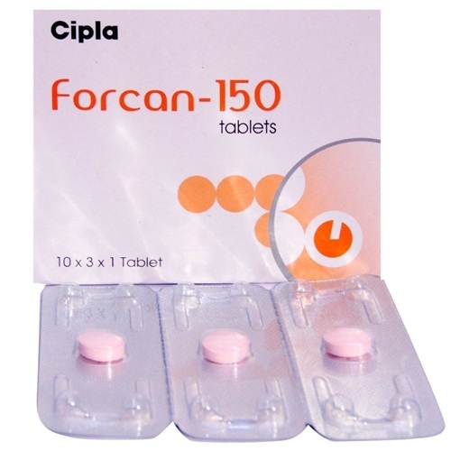 Forcan 150mg 30 tablets product box with Cipla branding and clear blister pack