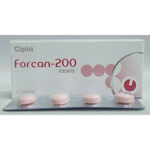 Forcan 200mg 4 tablets product box with Cipla branding and pink blister sheet