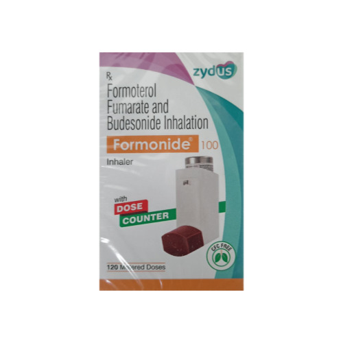 Formonide 100 Inhaler (Formoterol and Budesonide) box packaging with brown inhaler device