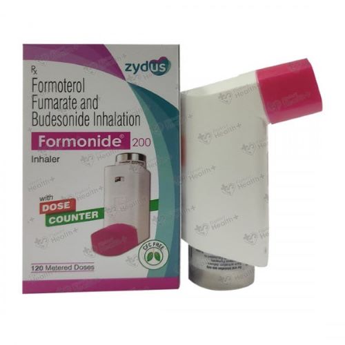Formonide 200 Inhaler (Formoterol and Budesonide) box packaging with pink inhaler device