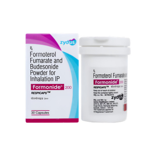 Formonide 200 Respicaps (Formoterol and Budesonide) branded carton with white bottle container