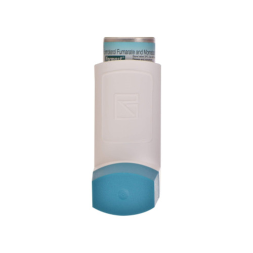 Front view of Formost 200 inhaler with blue cap and attached leaflet
