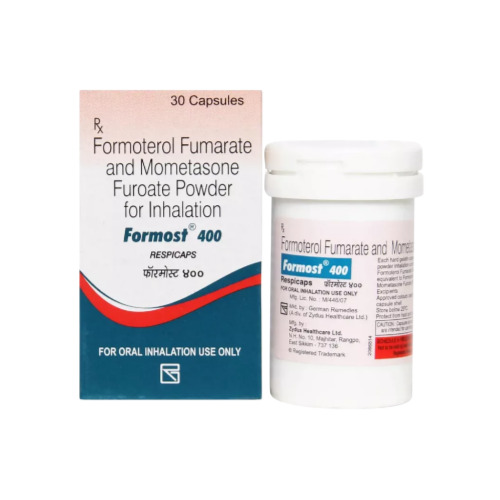 Formonide 400 Respicaps (Formoterol and Budesonide) box packaging with white bottle container