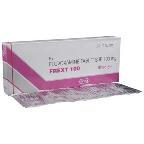 Frext 100 box packaging with 50 tablets fluvoxamine maleate, SSRI antidepressant for OCD, depression, and anxiety disorders, online pharmacy ZarvyPharm