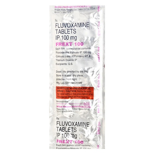 Frext 100 blister strip showing fluvoxamine maleate tablets, psychiatric medication for OCD, generalized anxiety disorder, and PTSD, online pharmacy