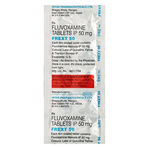 Frext 50 blister strip showing fluvoxamine maleate tablets, psychiatric medication for OCD, generalized anxiety disorder, and PTSD, online pharmacy