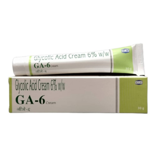 GA 6 Cream 30gm (Glycolic Acid 6%) tube with outer box packaging in white and green design