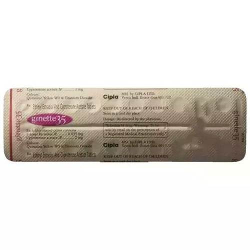Ginette 35 (Cyproterone Acetate + Ethinylestradiol) silver blister pack showing printed brand name