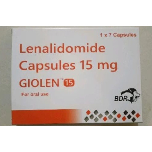 Giolen 15 (Lenalidomide) 15mg 7 capsules branded carton box close-up display with printed details for multiple myeloma medication online pharmacy