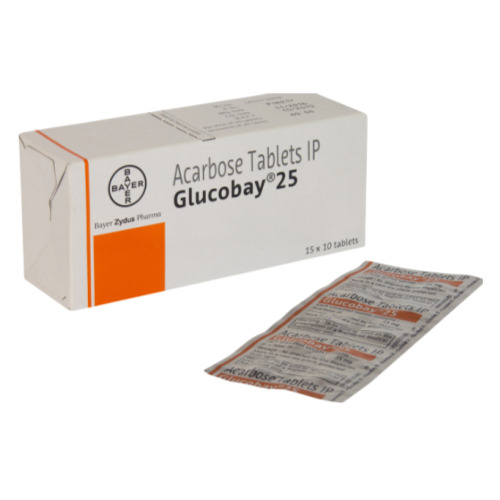 Glucobay 25 Bayer box packaging with blister strip displayed