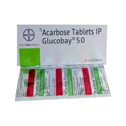 Glucobay 50mg acarbose tablets in green and red foil blister packs with outer box