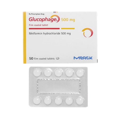 Glucophage 500mg 100 Tablets box with blister strip – metformin hydrochloride for type 2 diabetes