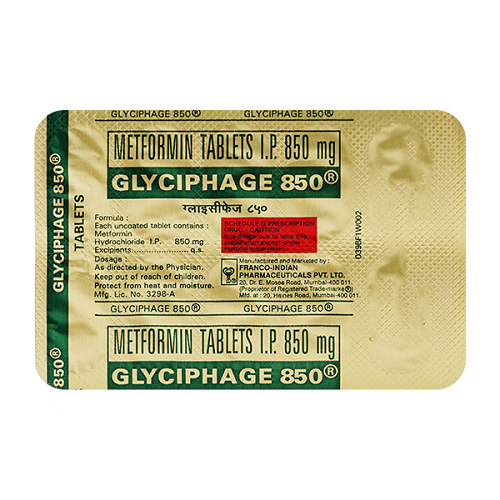 Glyciphage 850mg blister strip close-up, tablets and printed label details legible