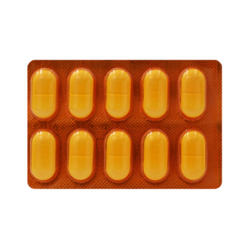 Glyciphage 850mg yellow blister strip, tablets arranged and packaging visible