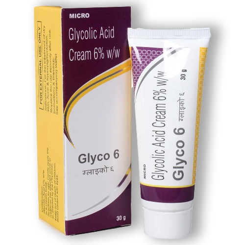 Glyco 6 Cream 30gm (Glycolic Acid 6%) tube with outer box packaging in white and purple design